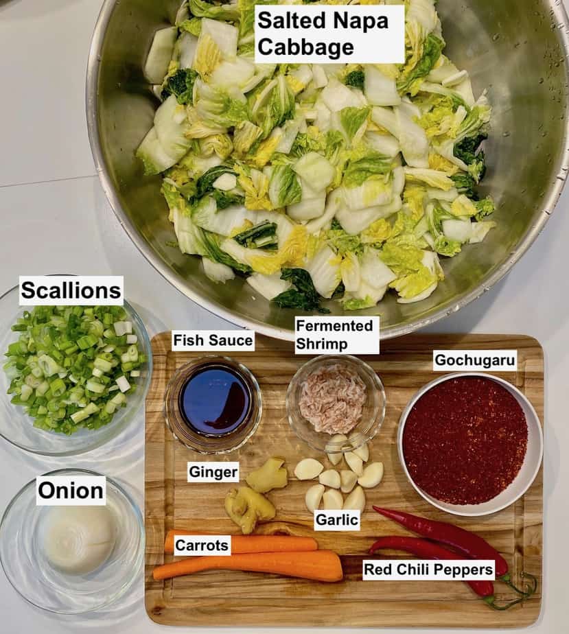 Ingredients used in making Kimchi, including napa cabbage, radishes, chili pepper, garlic, and ginger.